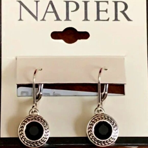 Napier Jewelry - NAPIER Mod/Contemporary Silver Black Crystal Lever Back Dangle Earrings**NEW!